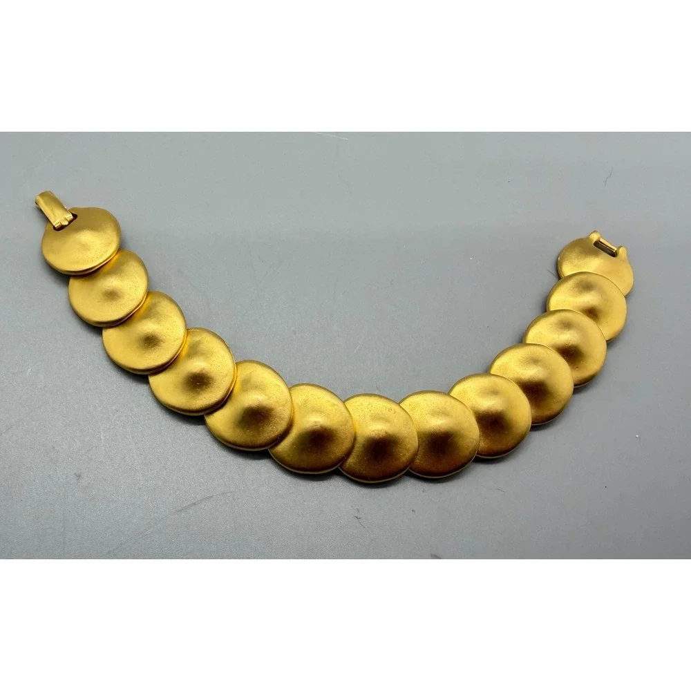 Vintage Craft ROund Disk Link Bracelet Matt Brushed Gold Tone Domed Art Deco
